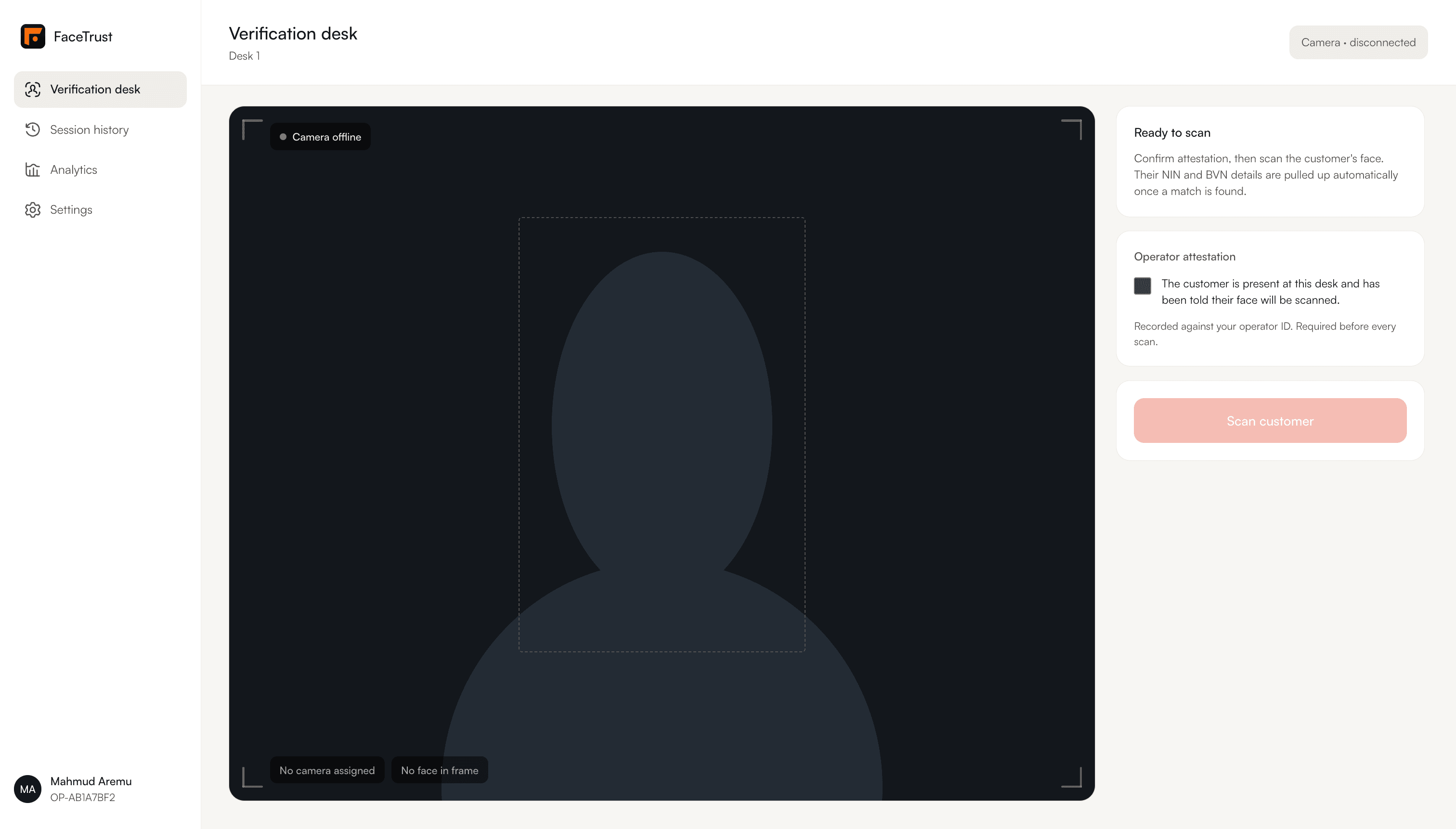 merchant desk — live scanning screen with match result