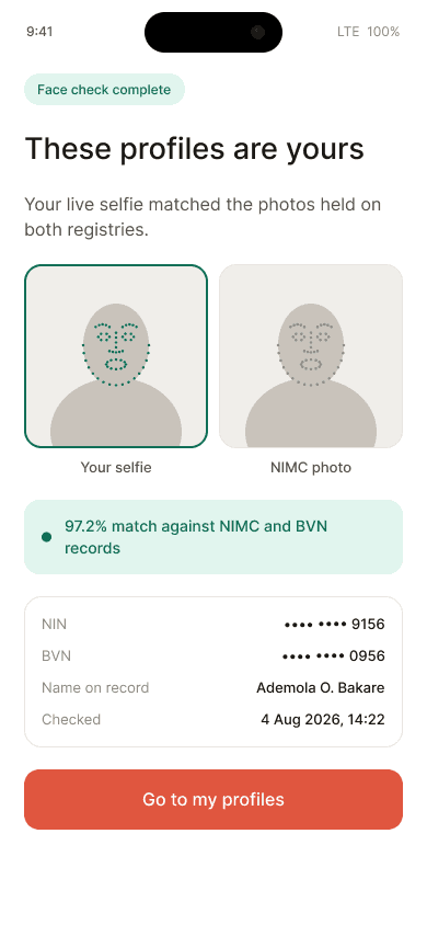 FaceTrust AI consumer app — face check complete, identity linked