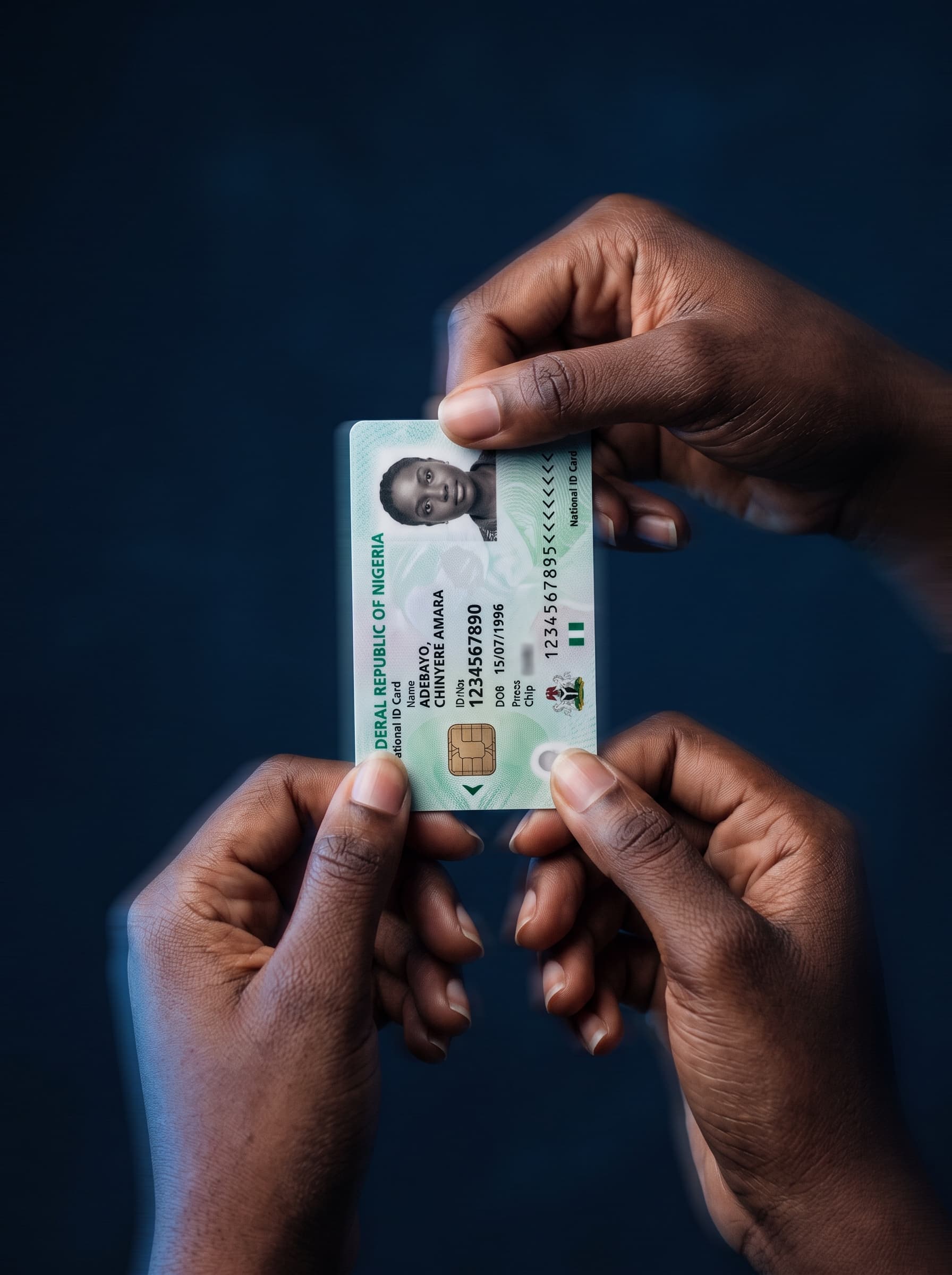 Hands holding up a national ID card to soft blue light
