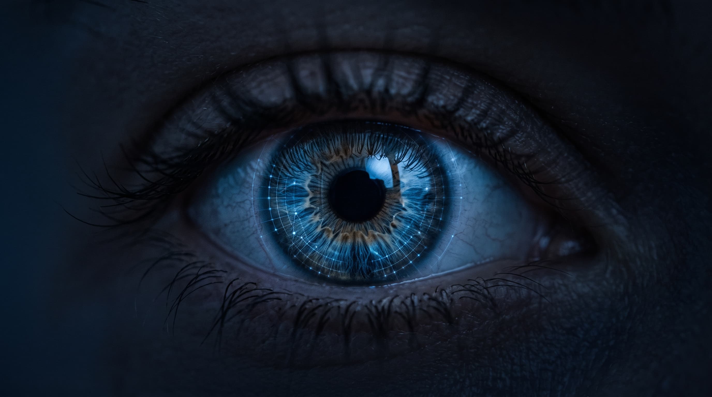 Extreme close-up of an eye with a biometric scan-line overlay